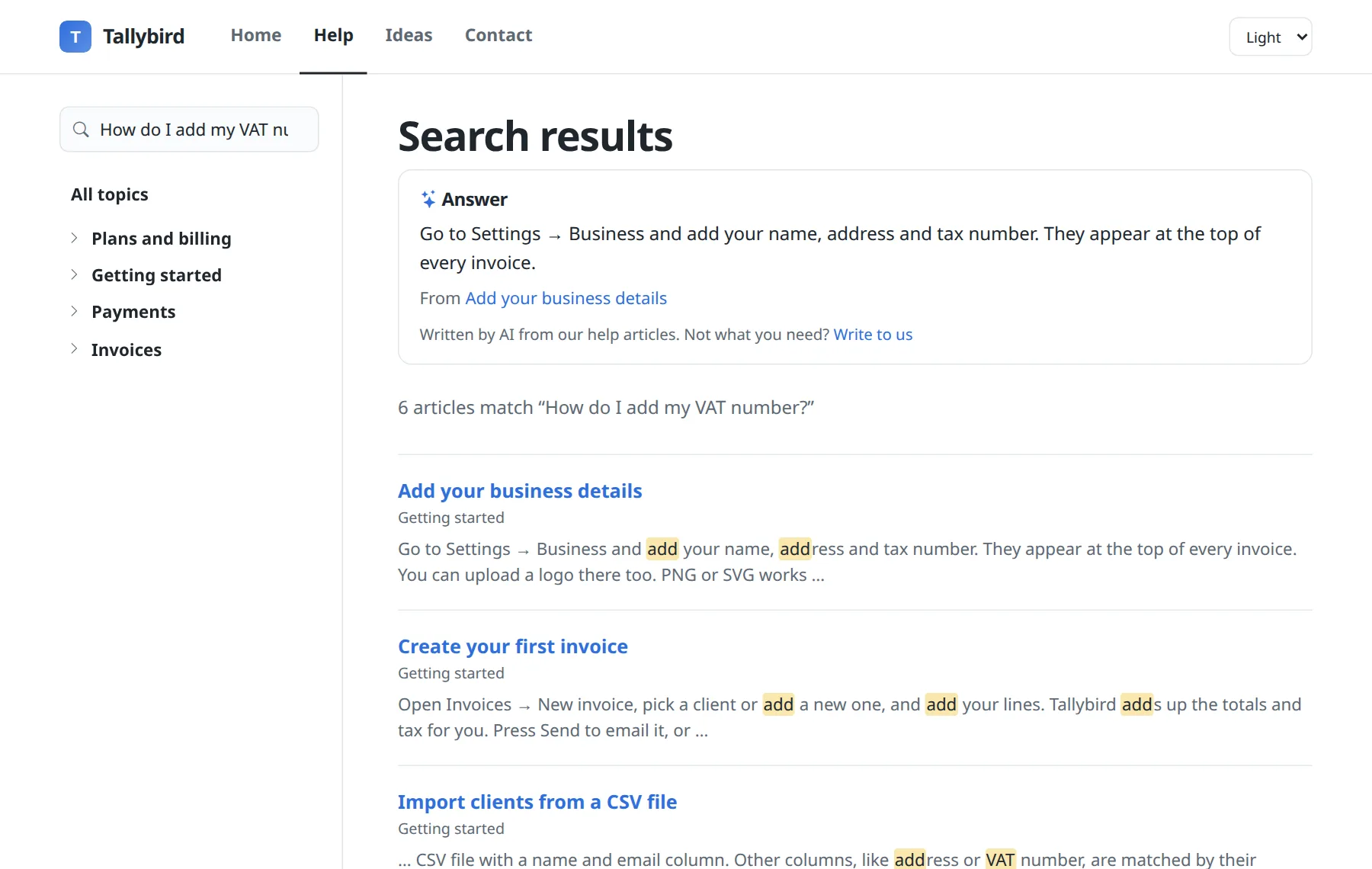A help page search showing a short AI answer with a link to the source article