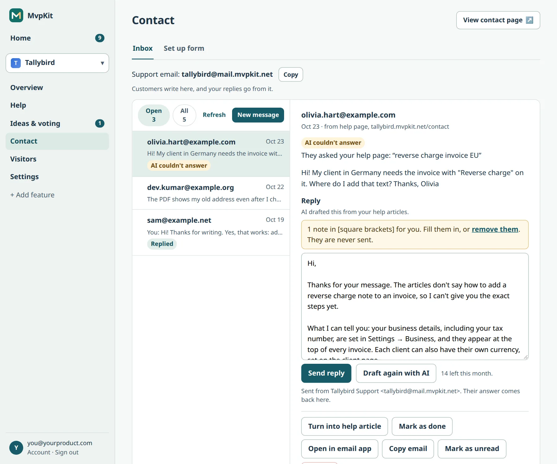 A message in the inbox with an AI-drafted reply and a note in square brackets