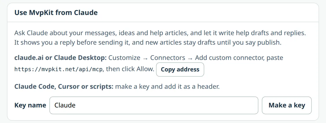 The Use MvpKit from Claude panel on the Account page