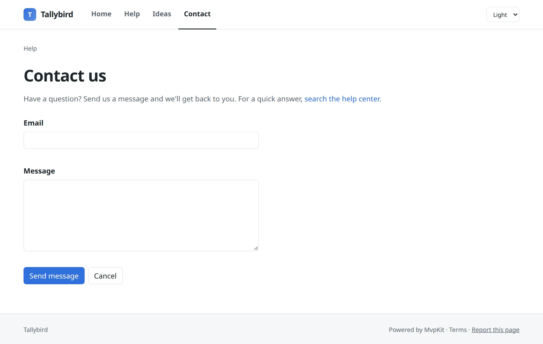 A hosted contact page with an email field, a message field and a Send message button