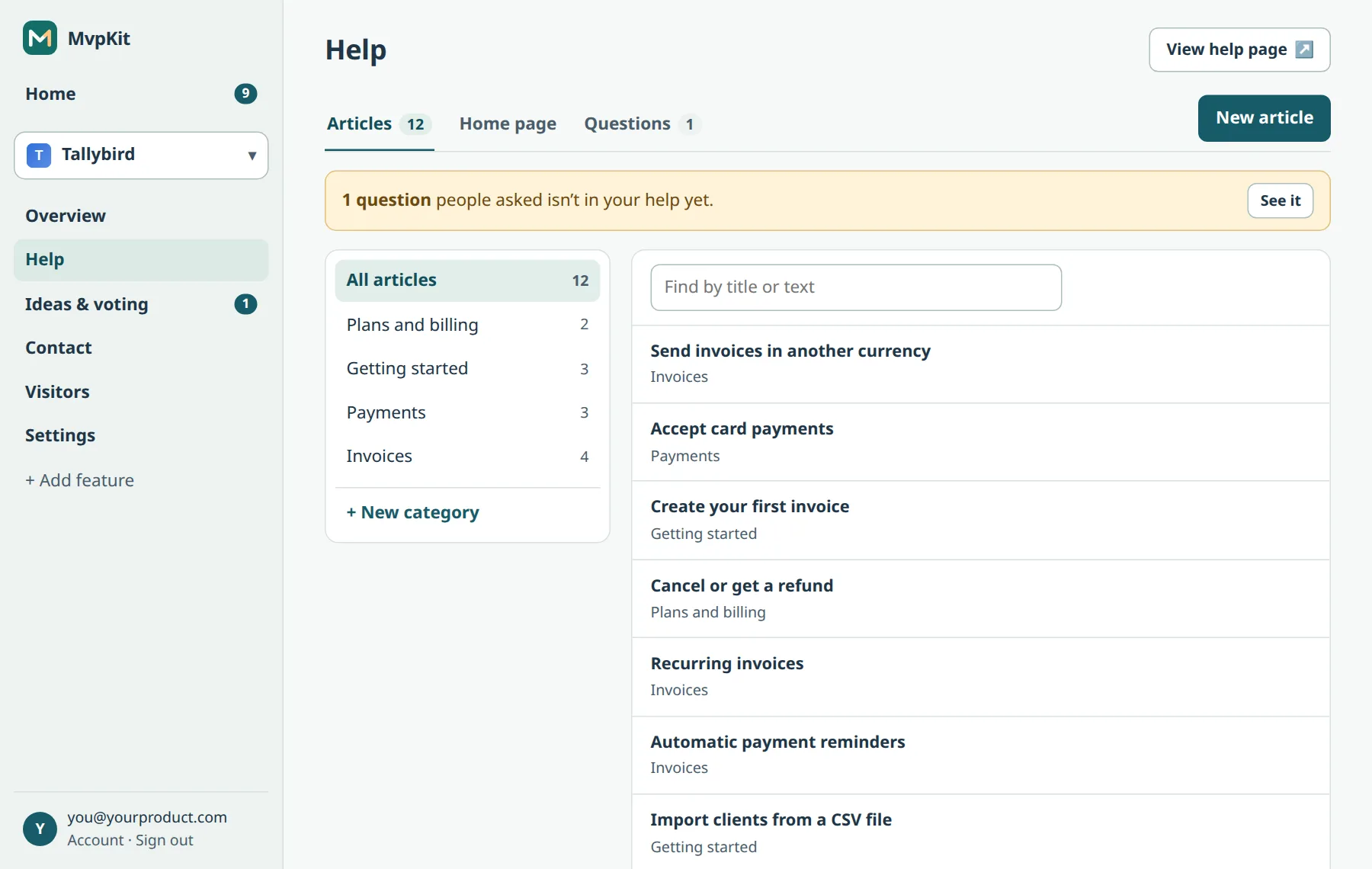 The Help screen with a banner saying one question is not in the help yet
