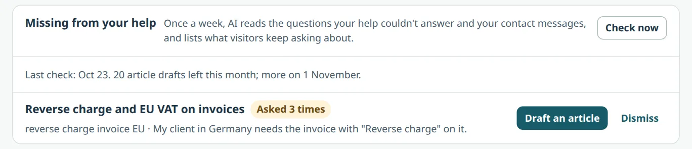 The Missing from your help card with one topic asked three times and a Draft an article button