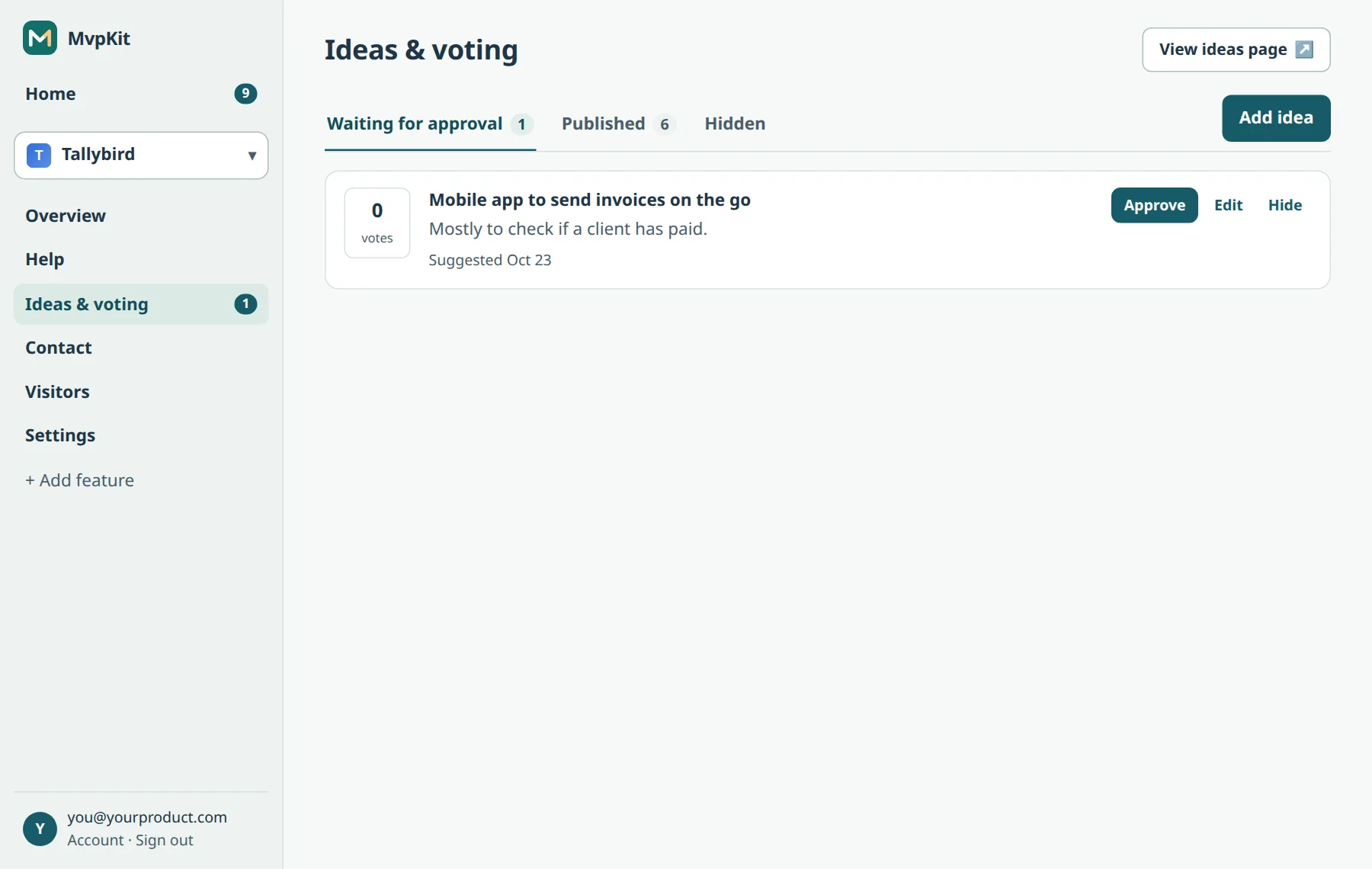 The Ideas and voting screen with a suggestion waiting for approval