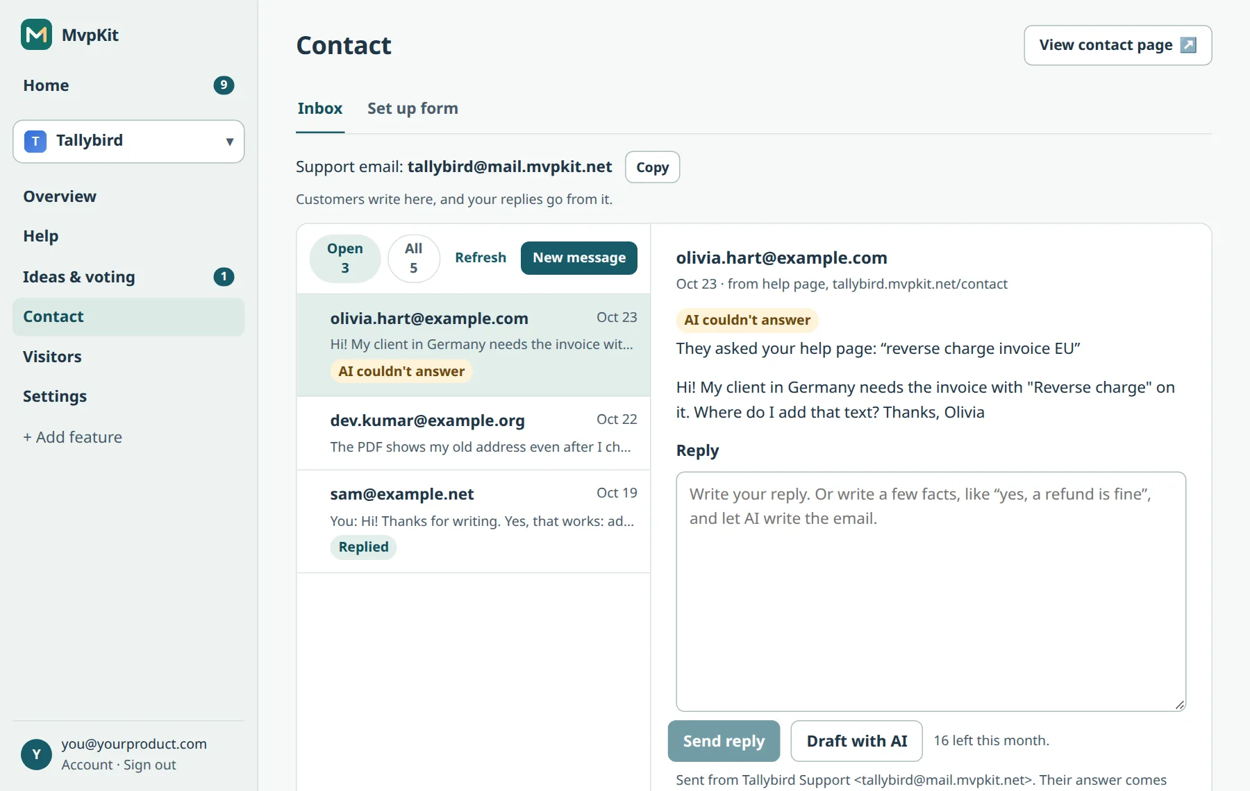 The Contact inbox with a conversation open and a reply box