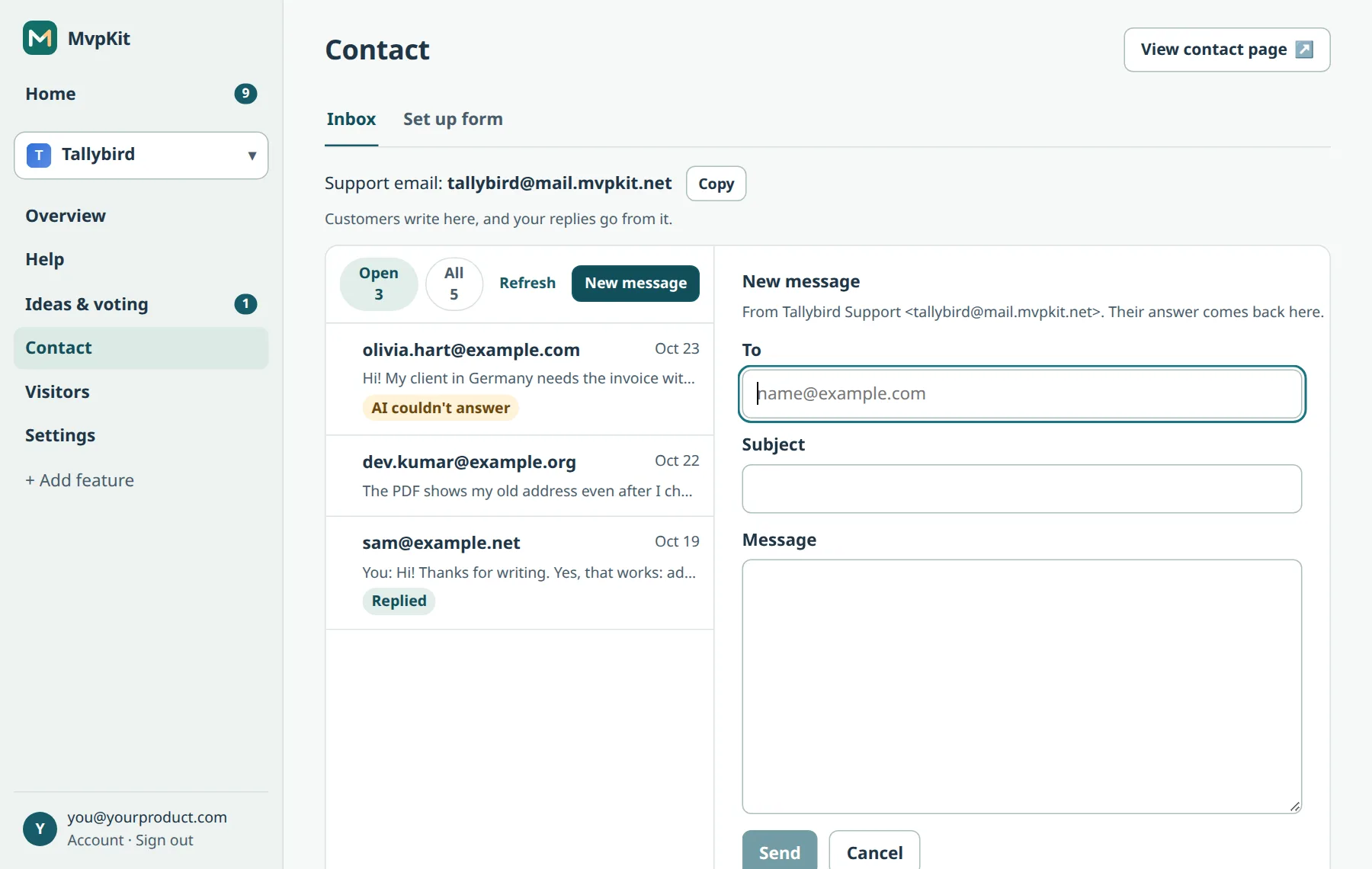 The New message form with To, Subject and Message fields