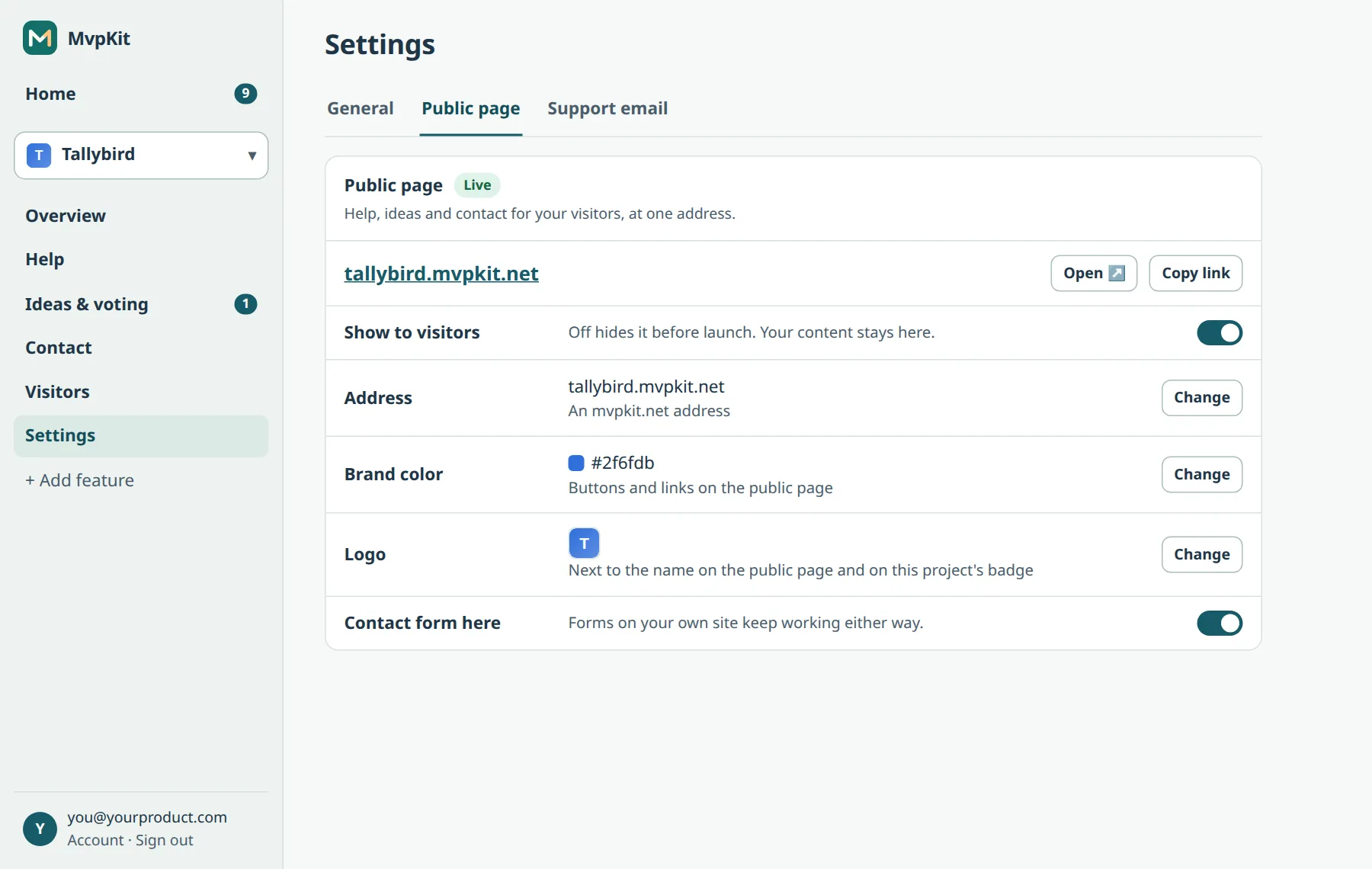 Settings, Public page tab, with the address, brand color and logo