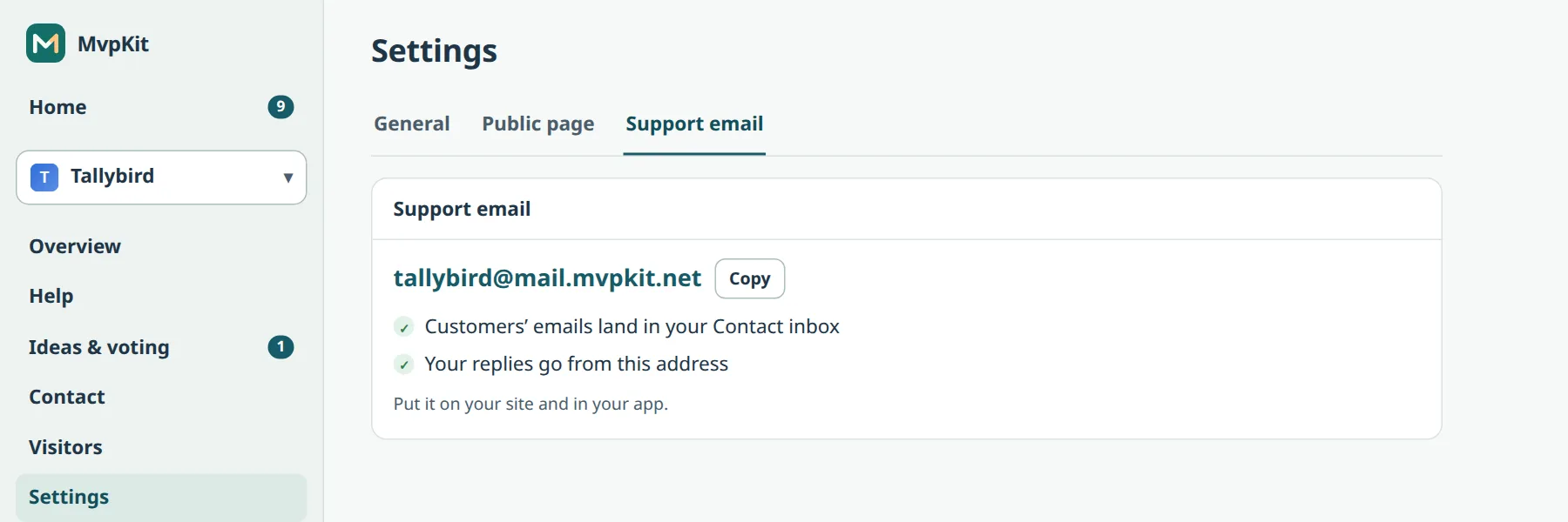Support email settings showing the project address